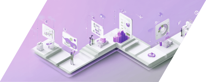 デジタル技術とデータの活用により、多様な事業が未来へ向かって発展していく様子を表したイメージイラスト