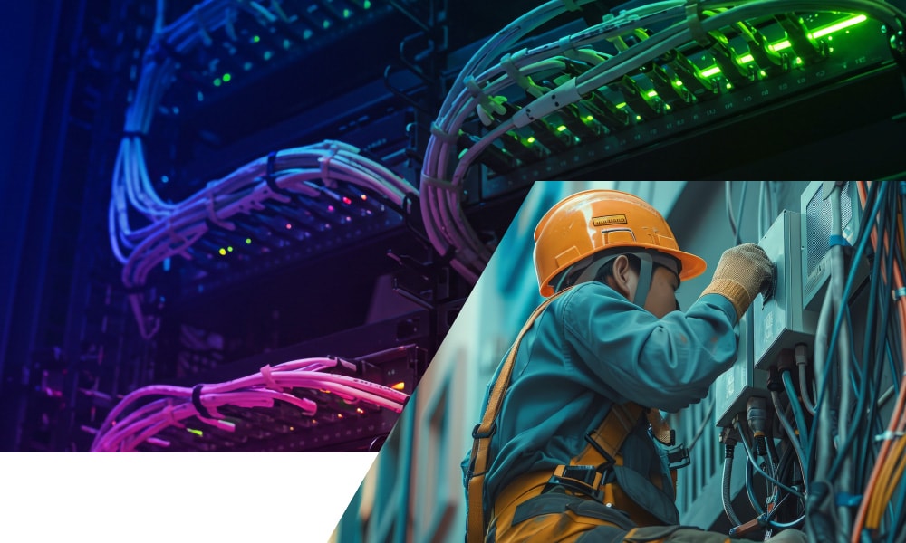 サーバー・ネットワーク機器の稼働と、現場で通信設備の配線工事を行う技術者の様子