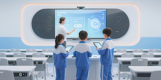 大型スクリーンとタブレット端末を活用して学ぶ、小・中学生向けプログラミング教室のイメージイラスト