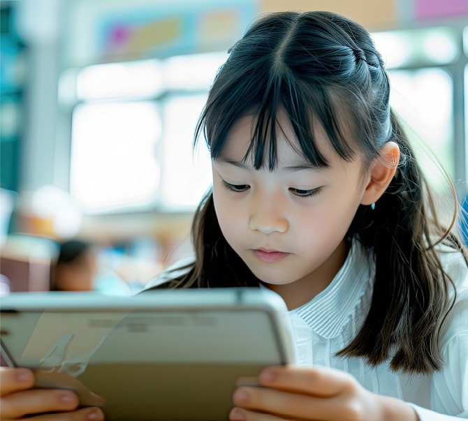タブレット端末を使い、プログラミング教材に取り組んでいる女の子