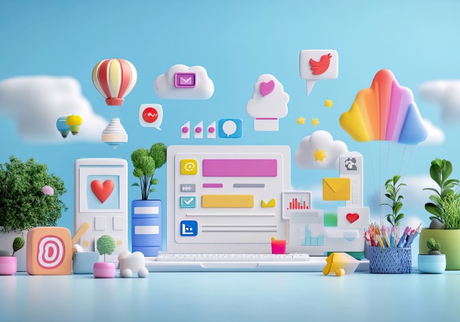 パソコンやスマートフォンから広がる、多彩なデジタルコンテンツの世界を表現した3Dイメージ