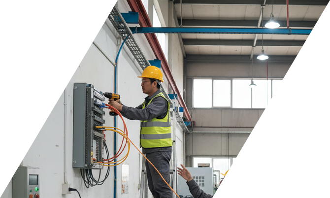 通信機器の配線工事をおこなう様子