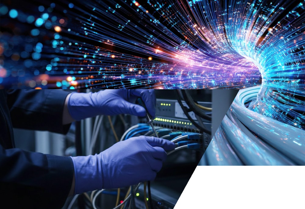 通信機器へのLANケーブル配線接続作業の様子