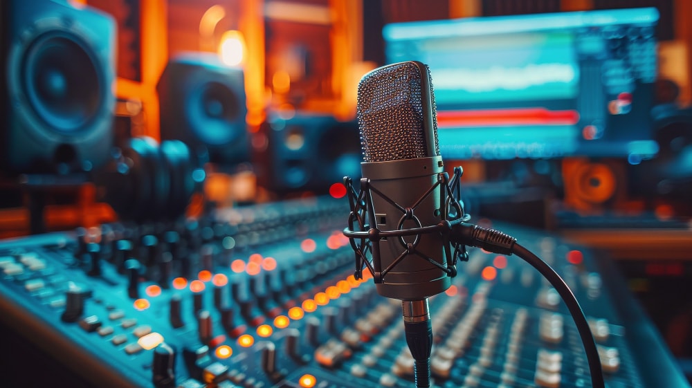 放送スタジオの収録用マイクと音響機材のイメージ